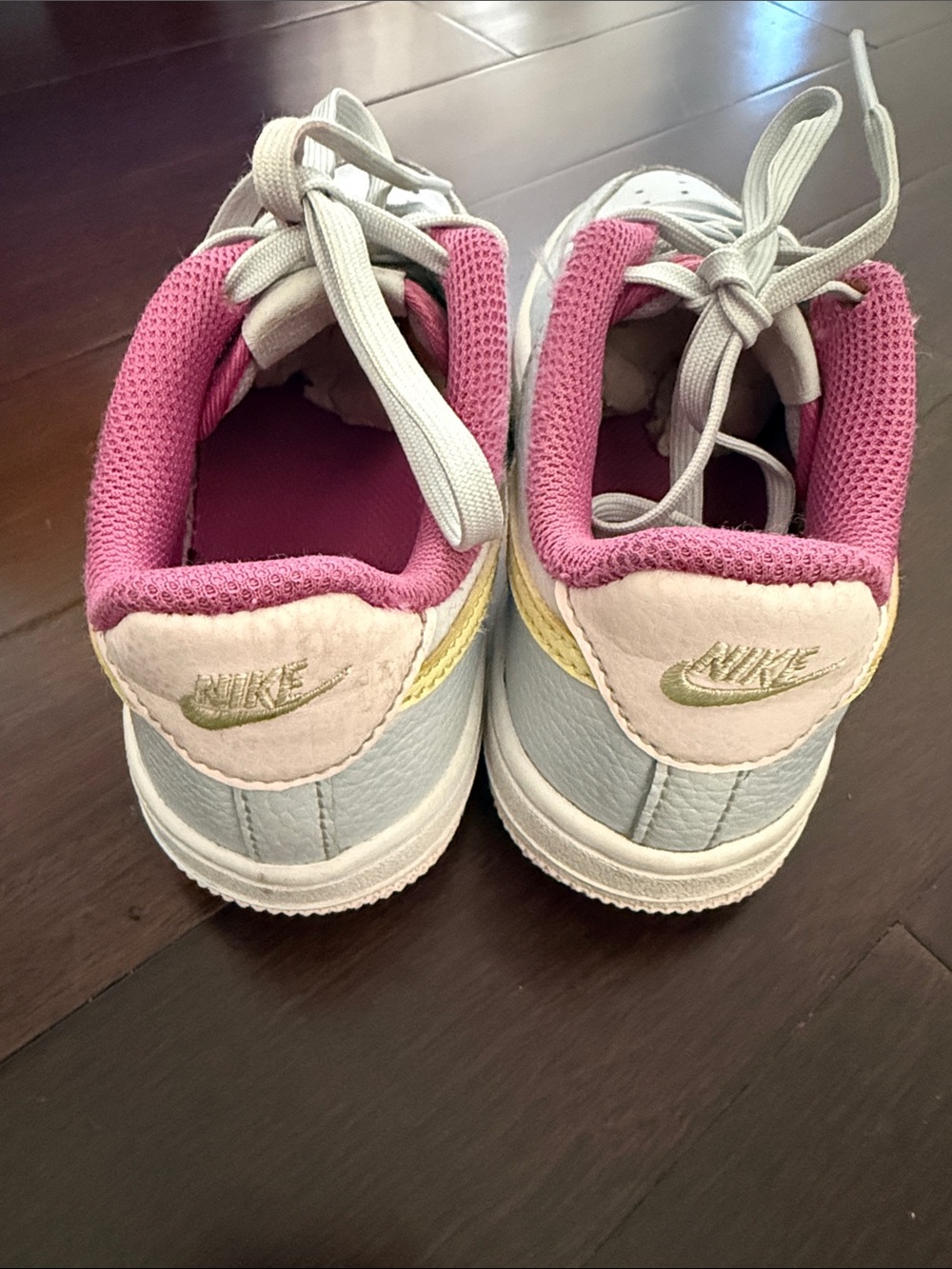 Nike Kids Grey Sneakers with Pink Interior and Yellow Swoosh - Picture 3 of 3